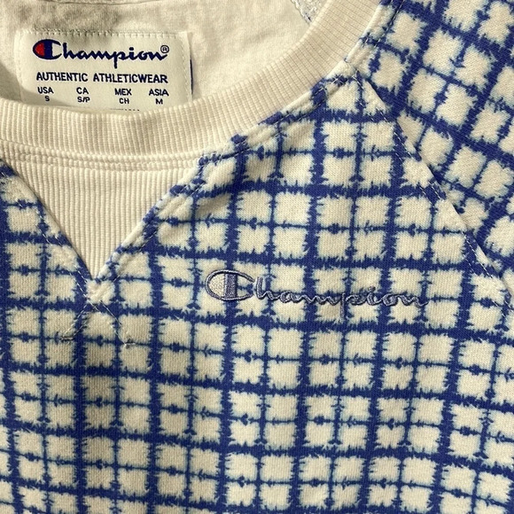 Champion Cropped Crewneck Sweatshirt Blue White Windowpane Checked S - Picture 2 of 15